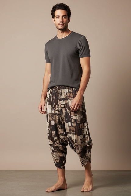 Pantalon Marron Harem Imprimé Ample Décontracté Coton Lin