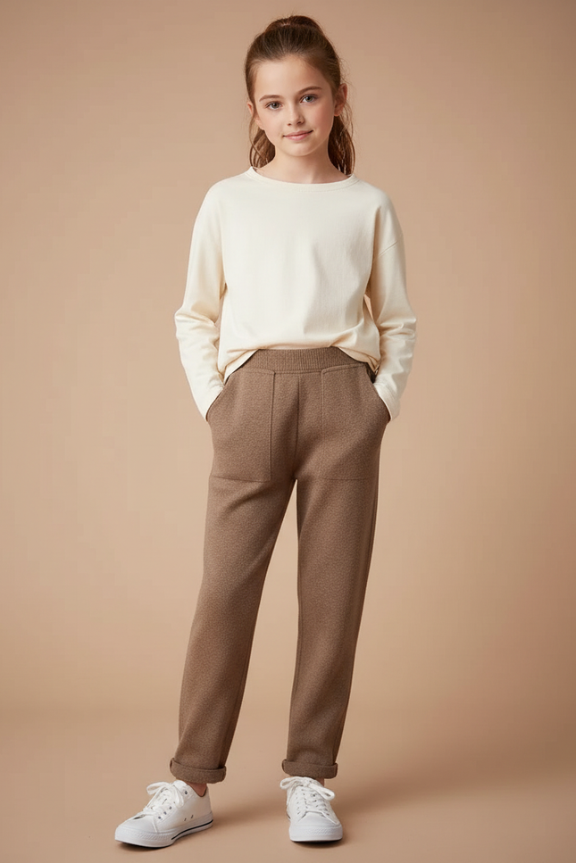 Pantalon Marron Chiné Tricoté Confortable Décontracté Enfant - Maille