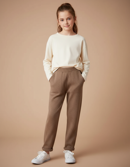 Pantalon Marron Chiné Tricoté Confortable Décontracté Enfant - Maille