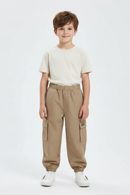 Pantalon Marron Cargo Décontracté Poches Élastique Garçon - Polyester