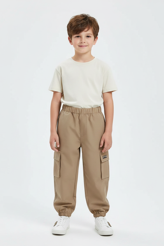 Pantalon Marron Cargo Décontracté Poches Élastique Garçon - Polyester