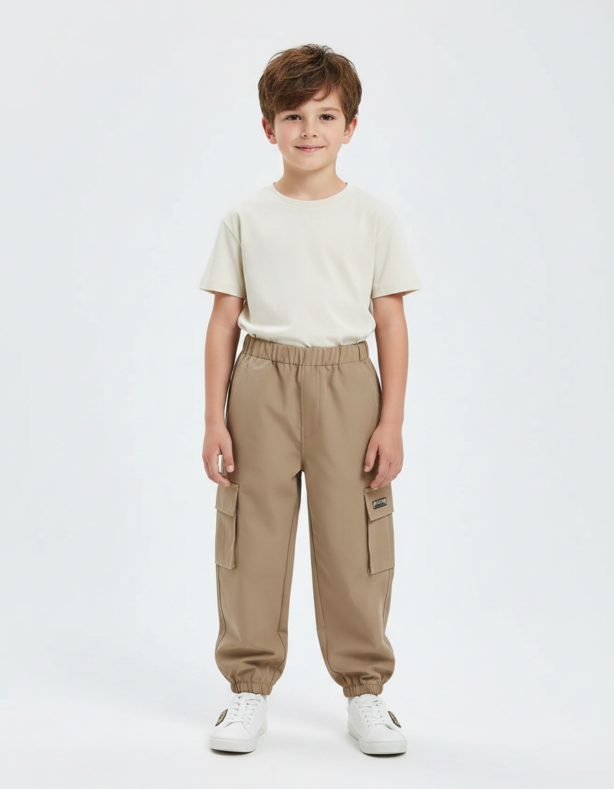 Pantalon Marron Cargo Décontracté Poches Élastique Garçon - Polyester