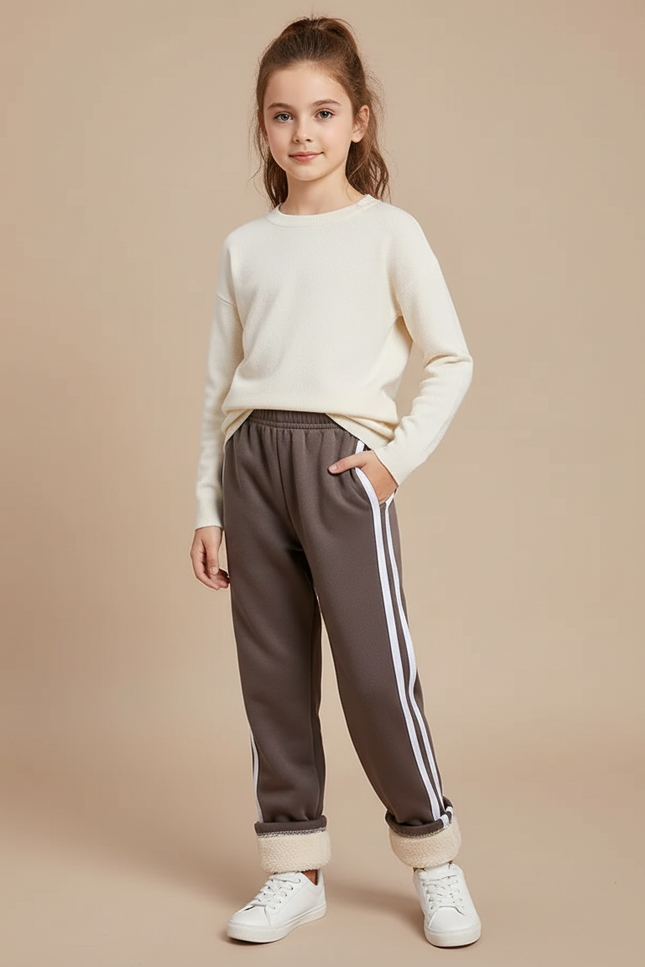 Pantalon Marron Polaire Doublé Rayures Blanches Confortable - Molleton