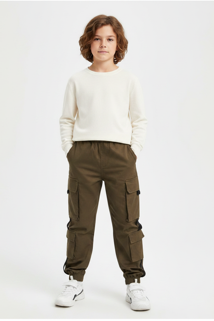 Pantalon Marron Cargo Coton Ample Garçon Sportif - Kaki