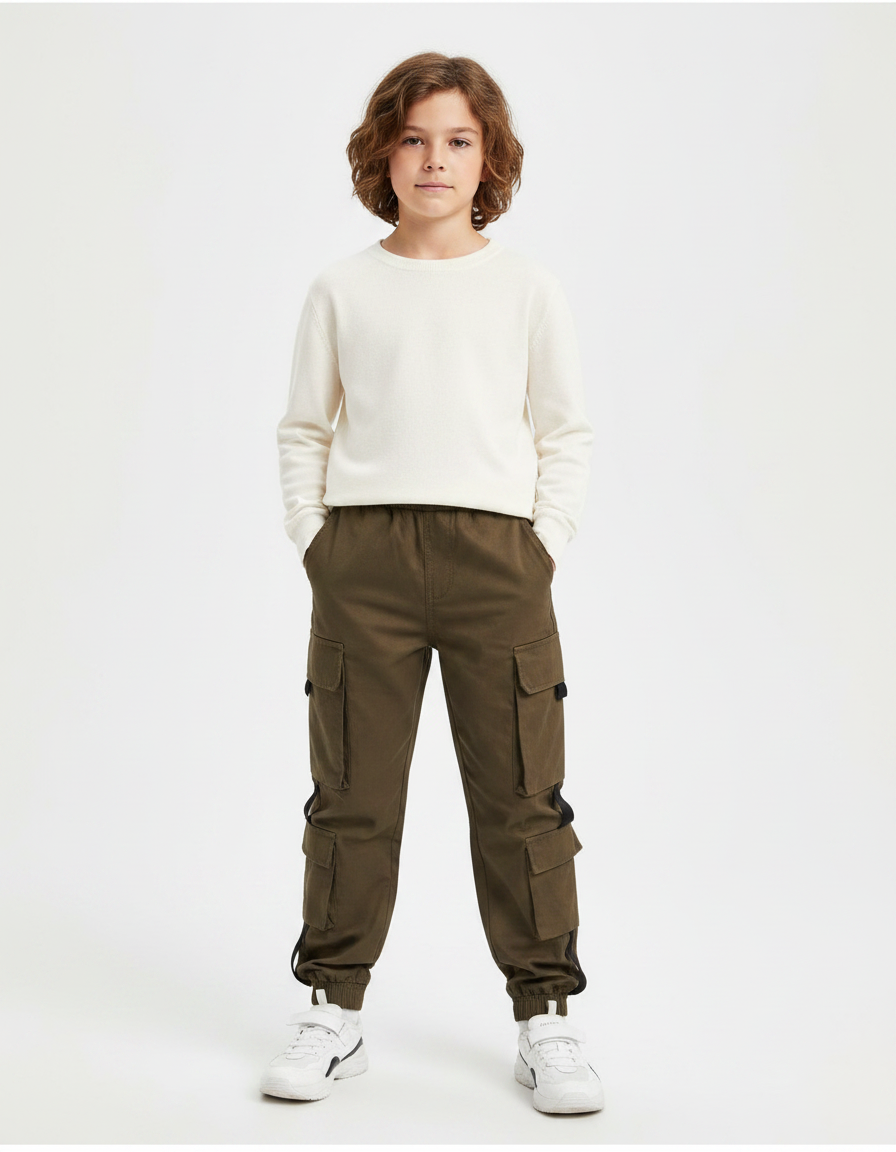 Pantalon Marron Cargo Coton Ample Garçon Sportif - Kaki