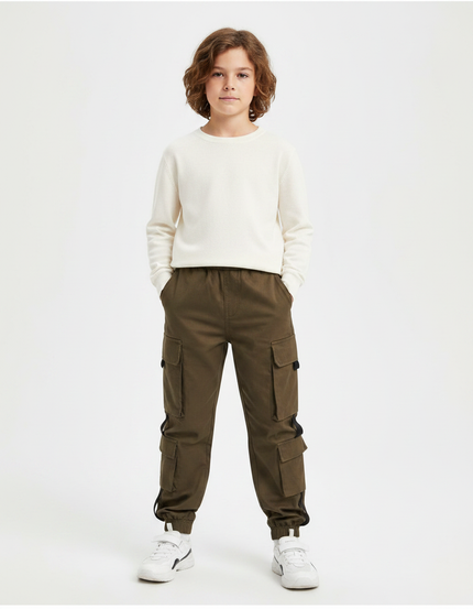Pantalon Marron Cargo Coton Ample Garçon Sportif - Kaki