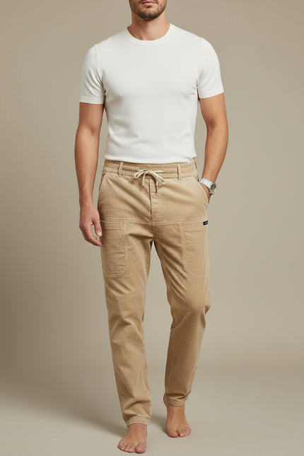 Pantalon Marron Côtelé Ajusté Cordon Homme - Camel Cordé