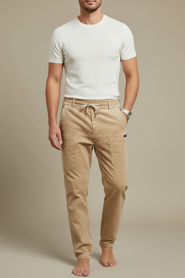 Pantalon Marron Côtelé Ajusté Cordon Homme - Camel Cordé