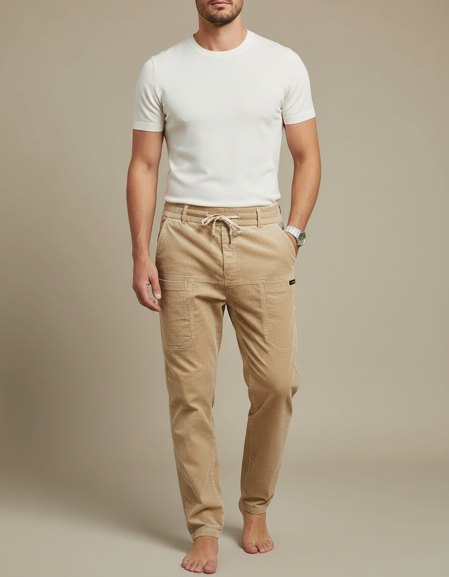 Pantalon Marron Côtelé Ajusté Cordon Homme - Camel Cordé