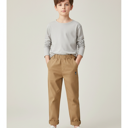 Pantalon Marron Garçon Décontracté Brodé Coton Confortable - Camel