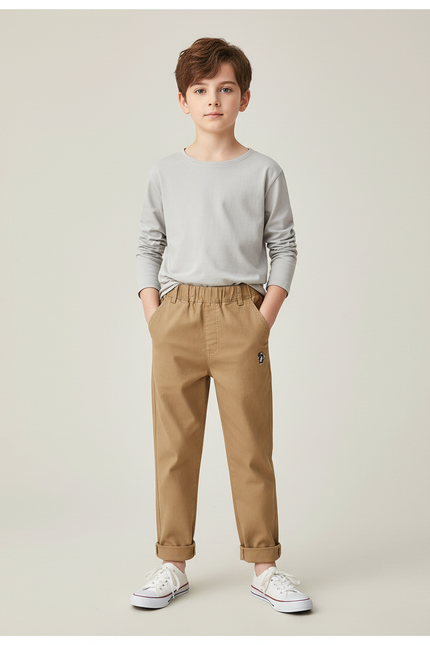 Pantalon Marron Garçon Décontracté Brodé Coton Confortable - Camel