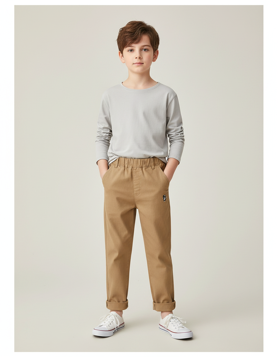 Pantalon Marron Garçon Décontracté Brodé Coton Confortable - Camel