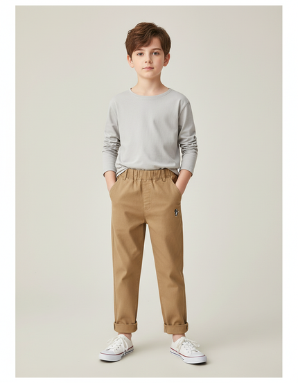 Pantalon Marron Garçon Décontracté Brodé Coton Confortable - Camel