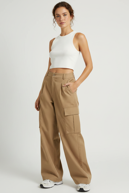 Pantalon Cargo Marron Femme - Camel Gabardine