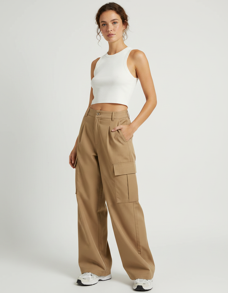 Pantalon Cargo Marron Femme - Camel Gabardine