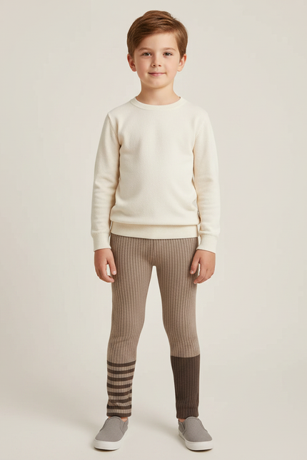 Pantalon Marron Côtelé Bicolore Rayé Tricoté Enfant - Maille