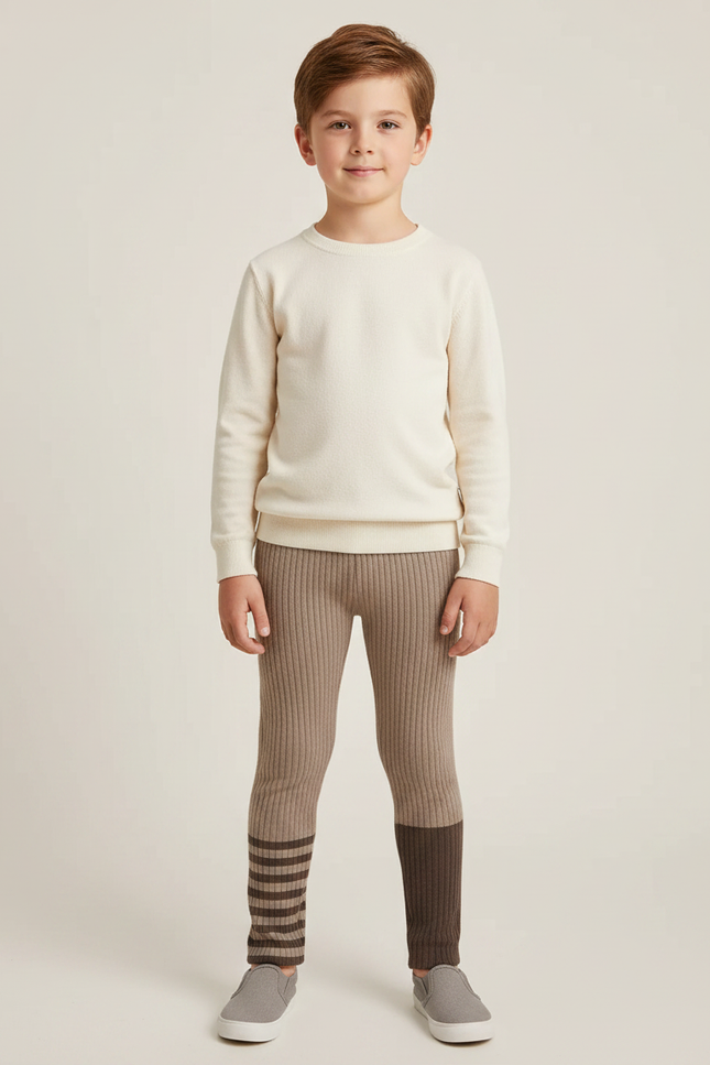 Pantalon Marron Côtelé Bicolore Rayé Tricoté Enfant - Maille