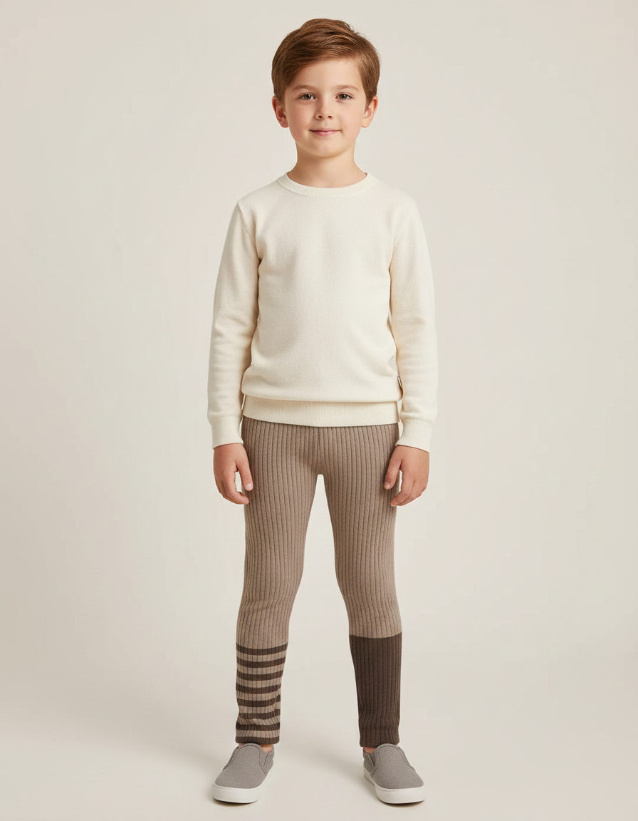 Pantalon Marron Côtelé Bicolore Rayé Tricoté Enfant - Maille