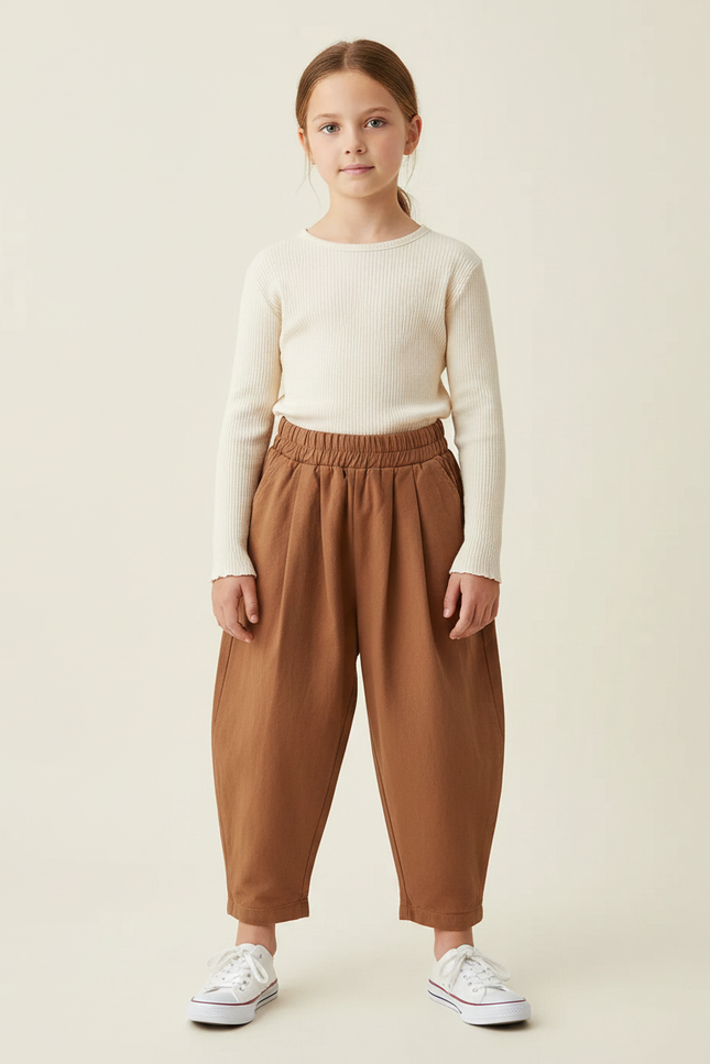 Pantalon Marron Ample Coton Enfant Décontracté Plié