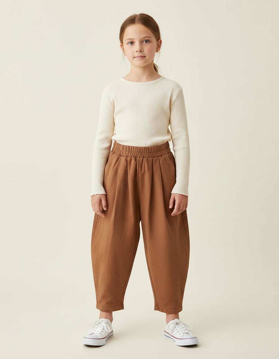 Pantalon Marron Ample Coton Enfant Décontracté Plié