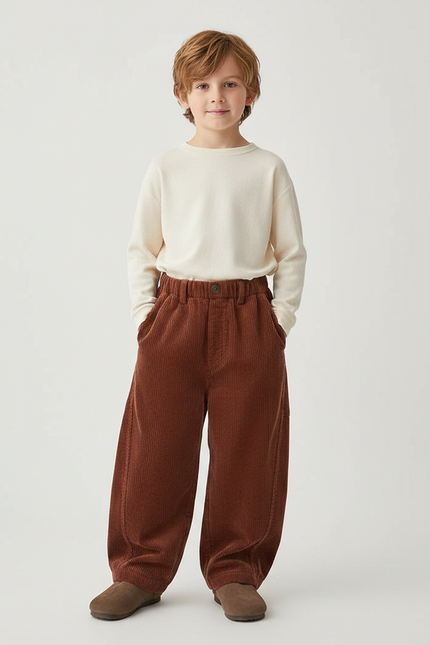 Pantalon Marron Côtelé Ample Doux Enfant - Cordé