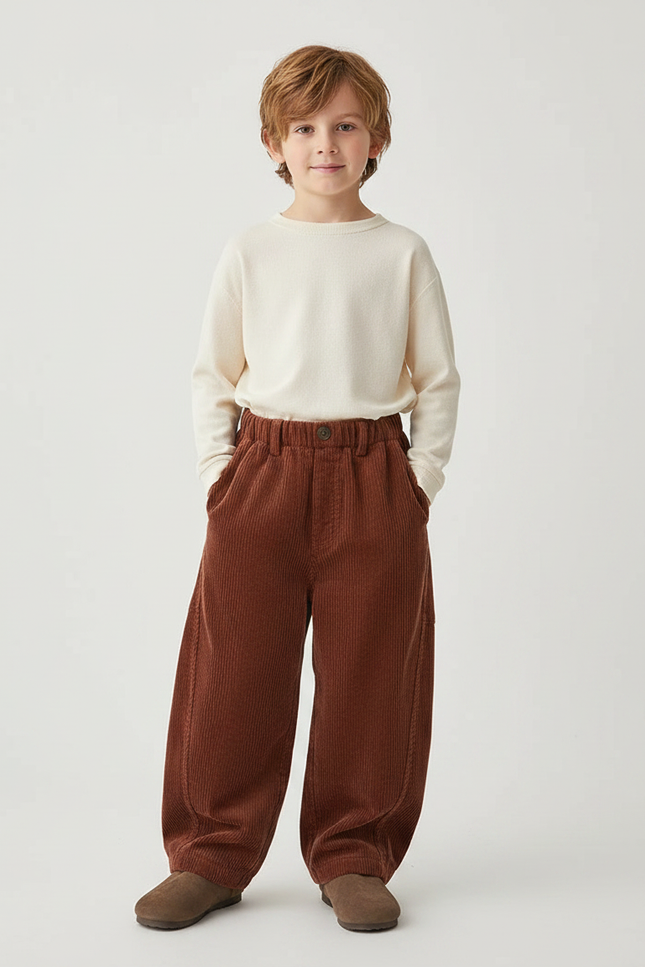 Pantalon Marron Côtelé Ample Doux Enfant - Cordé