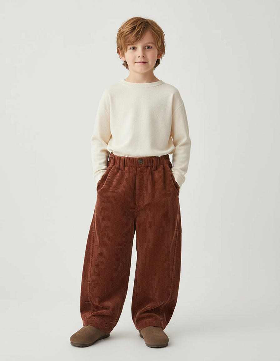 Pantalon Marron Côtelé Ample Doux Enfant - Cordé