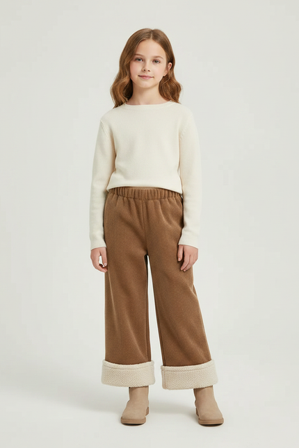 Pantalon Marron Côtelé Doublé Chaud Élastique Fille - Cordé