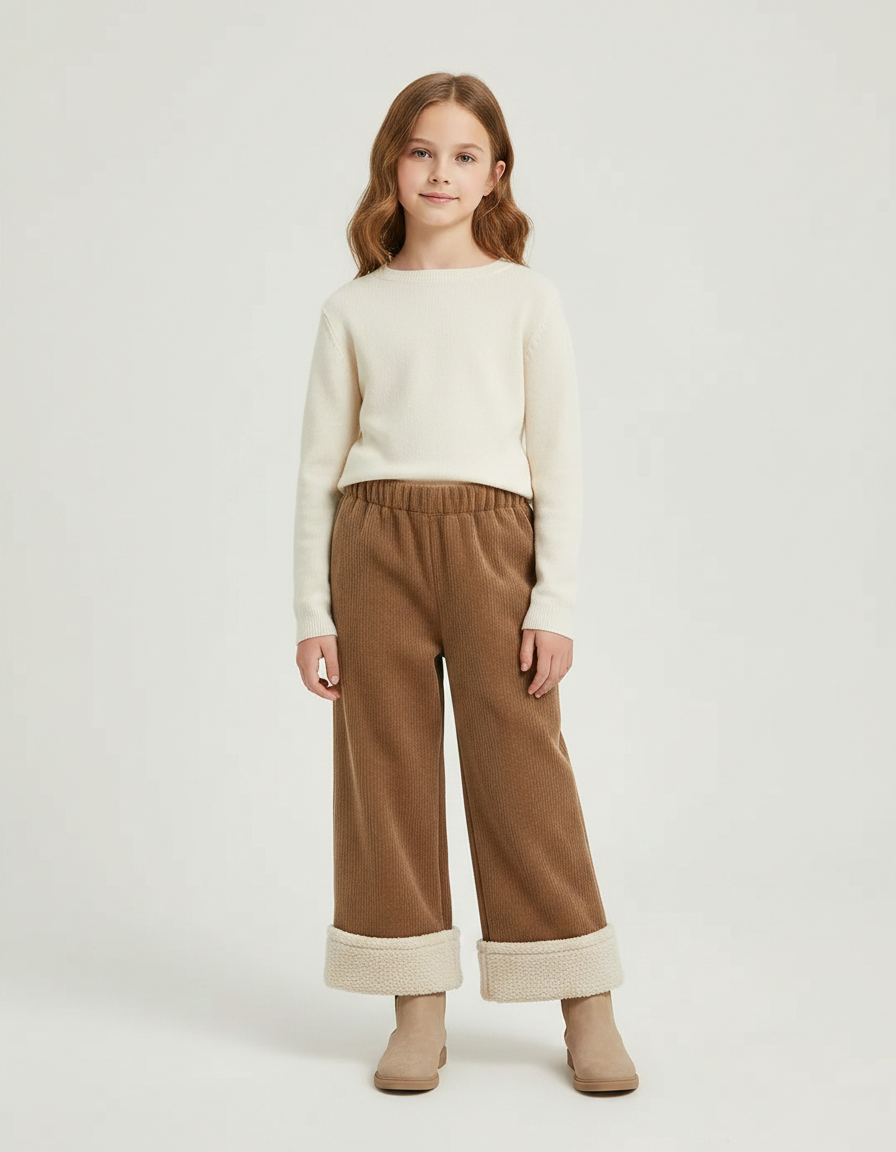 Pantalon Marron Côtelé Doublé Chaud Élastique Fille - Cordé