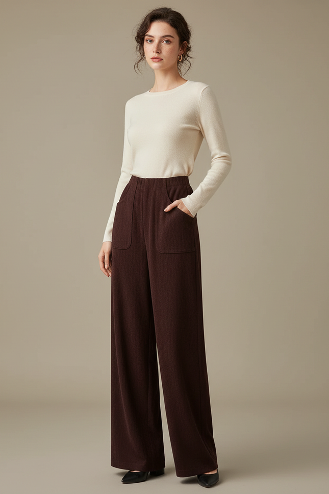 Pantalon Marron Ample Taille Haute Décontracté Femme - Maille