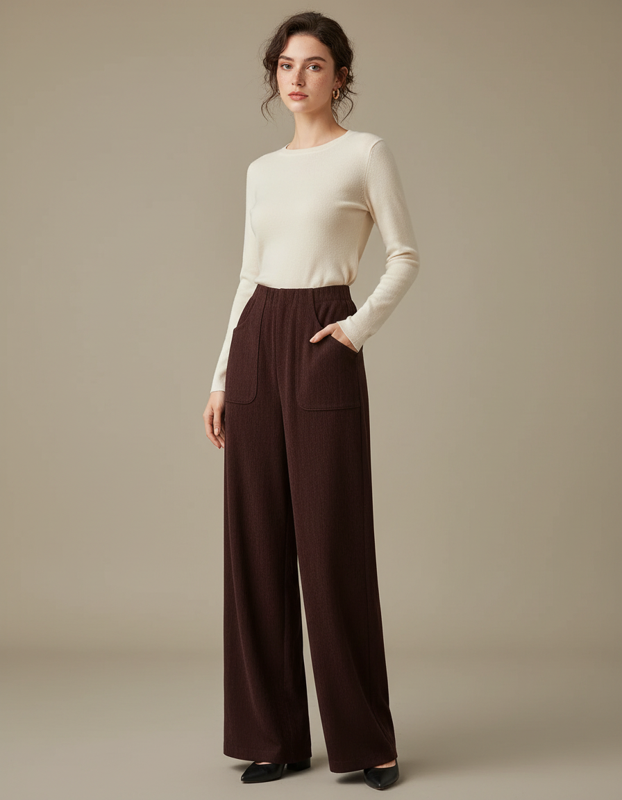 Pantalon Marron Ample Taille Haute Décontracté Femme - Maille