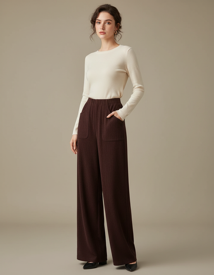 Pantalon Marron Ample Taille Haute Décontracté Femme - Maille