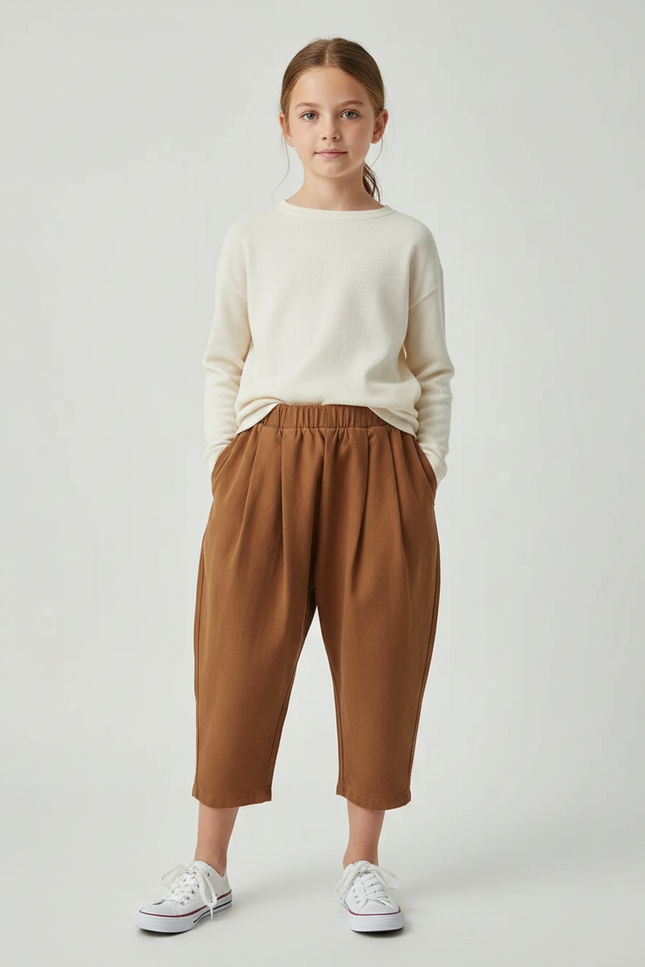 Pantalon Marron Ample Coton Élastique Enfant Plissé - Molleton