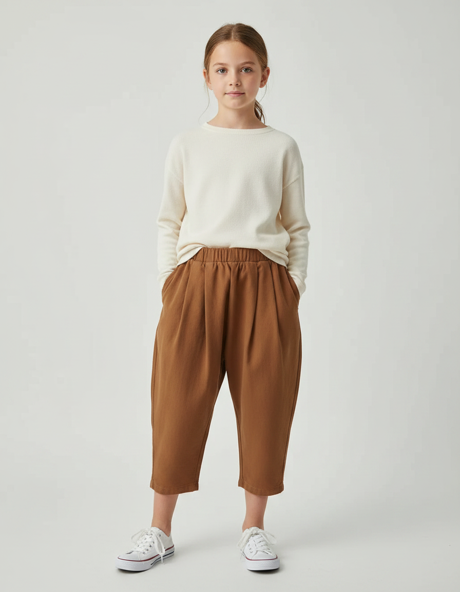 Pantalon Marron Ample Coton Élastique Enfant Plissé - Molleton