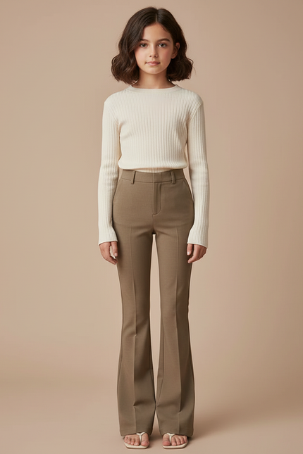 Pantalon Marron Évasé Taille Haute Élégant Fluide Femme - Gabardine