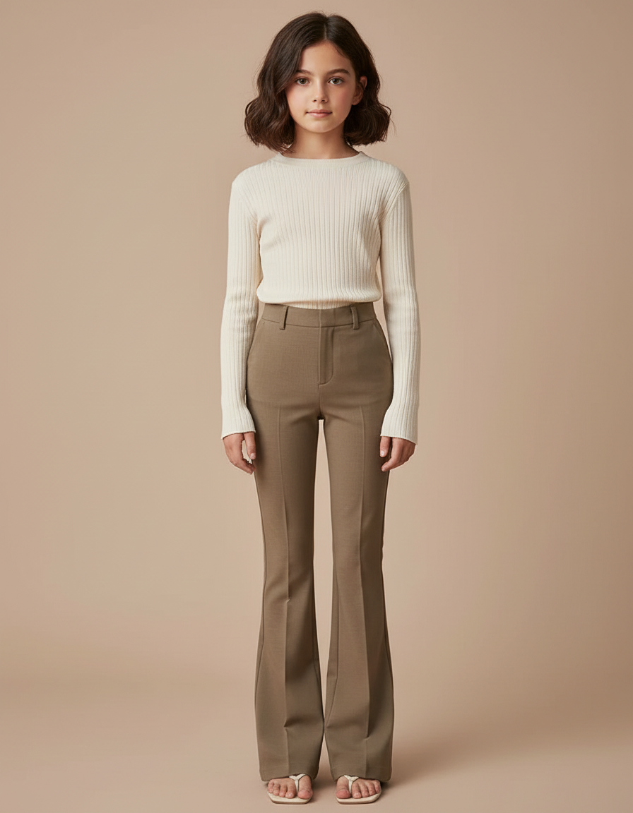 Pantalon Marron Évasé Taille Haute Élégant Fluide Femme - Gabardine