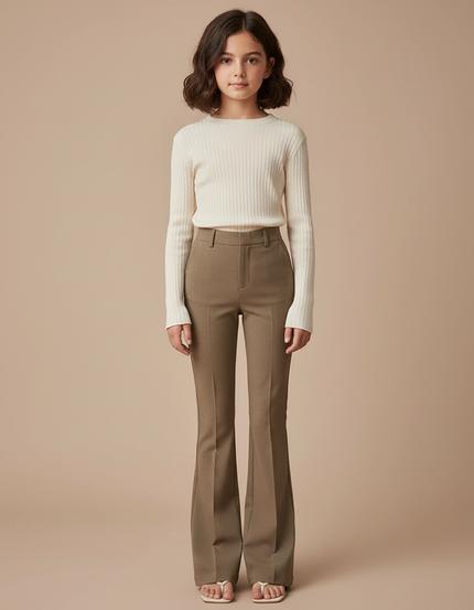 Pantalon Marron Évasé Taille Haute Élégant Fluide Femme - Gabardine
