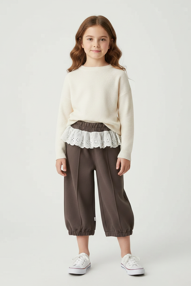 Pantalon Marron Ample Volants Fille Décontracté Coton - Molleton