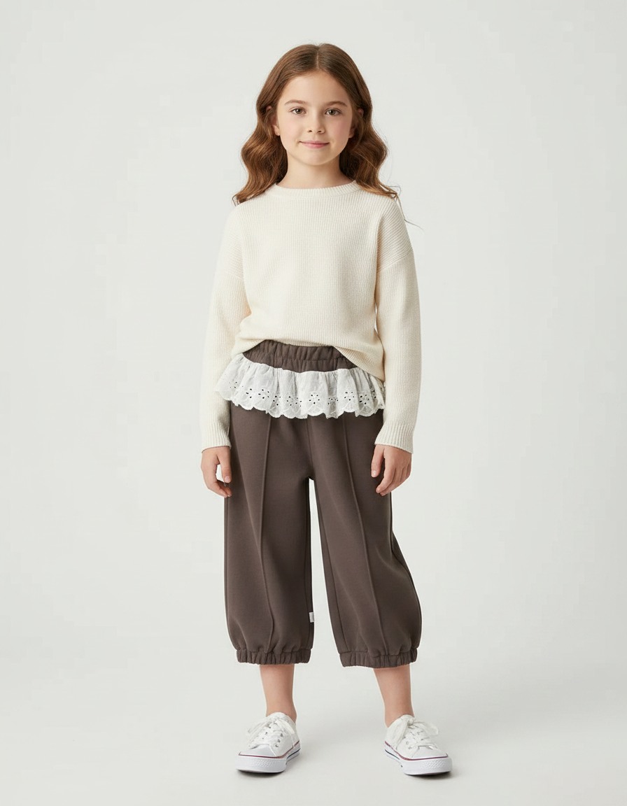 Pantalon Marron Ample Volants Fille Décontracté Coton - Molleton