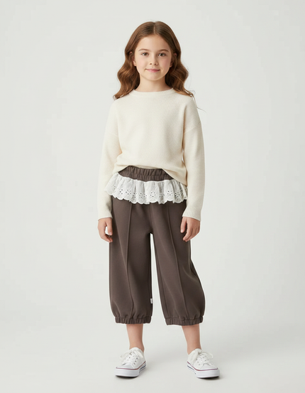 Pantalon Marron Ample Volants Fille Décontracté Coton - Molleton