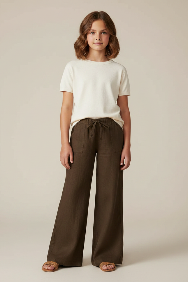 Pantalon Marron Ample Lin Cordon Fille