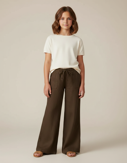 Pantalon Marron Ample Lin Cordon Fille