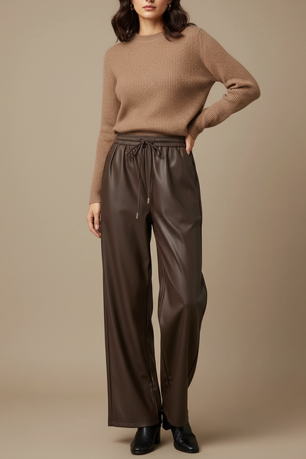 Pantalon Marron Similicuir Ample Taille Haute - Simili cuir