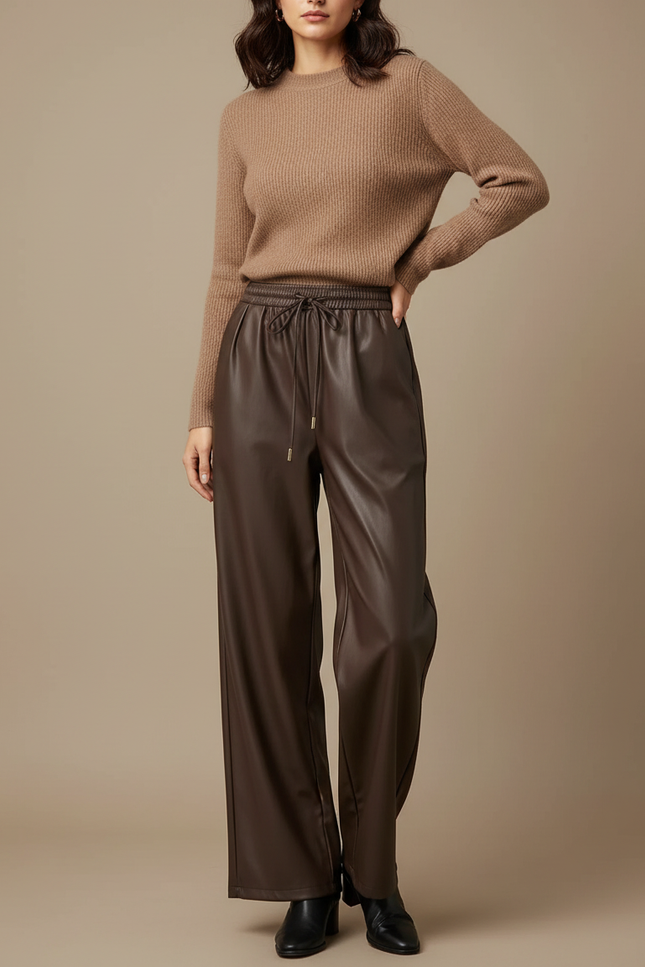 Pantalon Marron Similicuir Ample Taille Haute - Simili cuir
