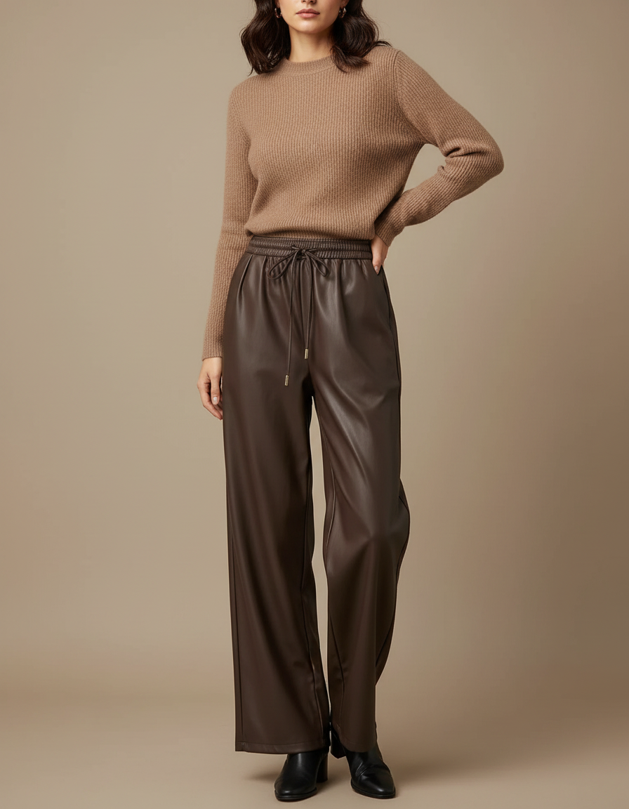 Pantalon Marron Similicuir Ample Taille Haute - Simili cuir