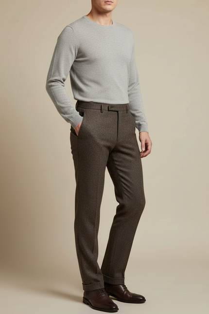 Pantalon Marron Laine Tweed Droit Homme Élégant
