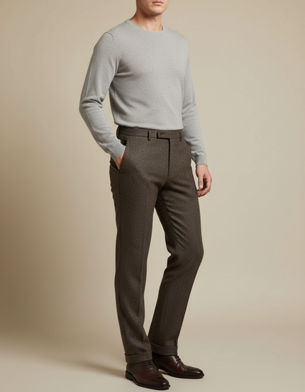 Pantalon Marron Laine Tweed Droit Homme Élégant