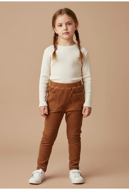 Pantalon Marron Côtelé Ajusté Poches Enfant - Cordé