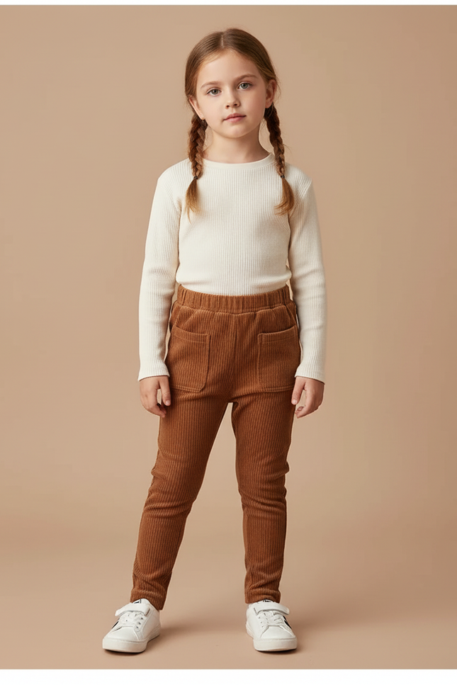 Pantalon Marron Côtelé Ajusté Poches Enfant - Cordé