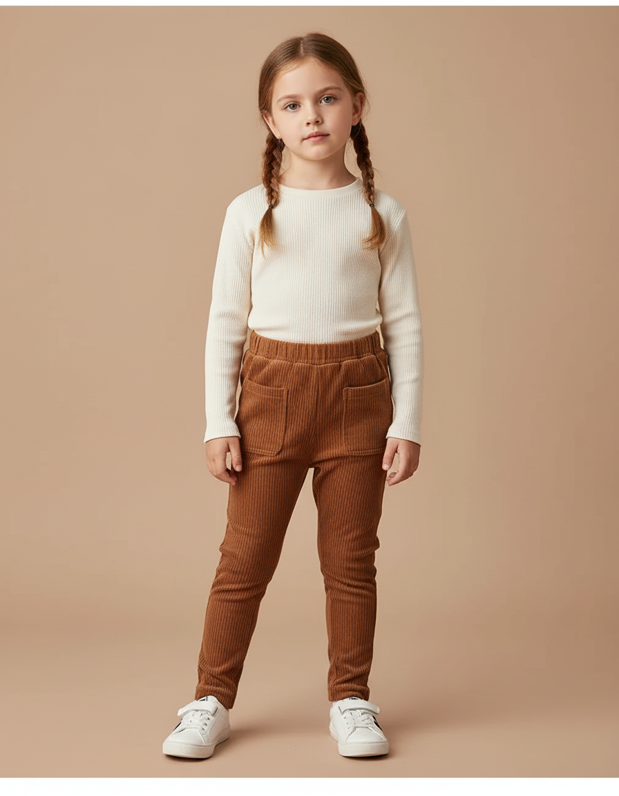 Pantalon Marron Côtelé Ajusté Poches Enfant - Cordé